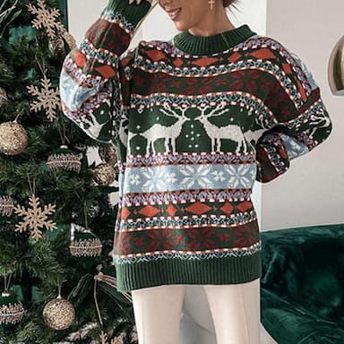 Women's Ugly Christmas Sweater Pullover Sweater Jumper Crew Neck Crochet Knit Knitted Fall Winter Outdoor Christmas Holiday Stylish Casual Soft Long Sleeve Animal Snowflake Brown Green