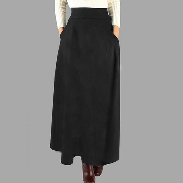 Women's Swing Work Skirts Long Skirt Maxi Skirts Pocket Solid Colored Office / Career WorkWear Fall & Winter Polyester Streetwear Basic Casual Black Wine Red