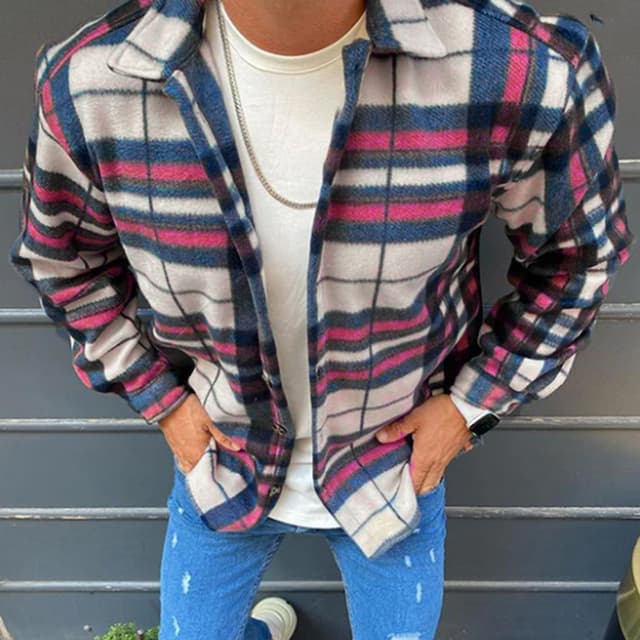 Men's Shirt Flannel Shirt Shirt Jacket Shacket Blue Orange Green Long Sleeve Plaid / Check Turndown Spring &  Fall Street Daily Clothing Apparel Button-Down