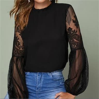 Women's Boho Shirt Lace Shirt Blouse Mesh Patchwork Top Chiffon Embroidery Party Daily Going out Classic Lace Sweet Lantern Sleeve Black Spring &  Fall Fall & Winter