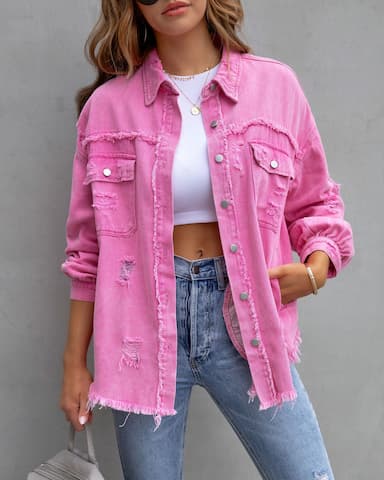 Women's Shacket Denim Button Pocket Valentine's Day Casual Daily Basic Long Sleeve Shirt Collar Pink Spring Fall