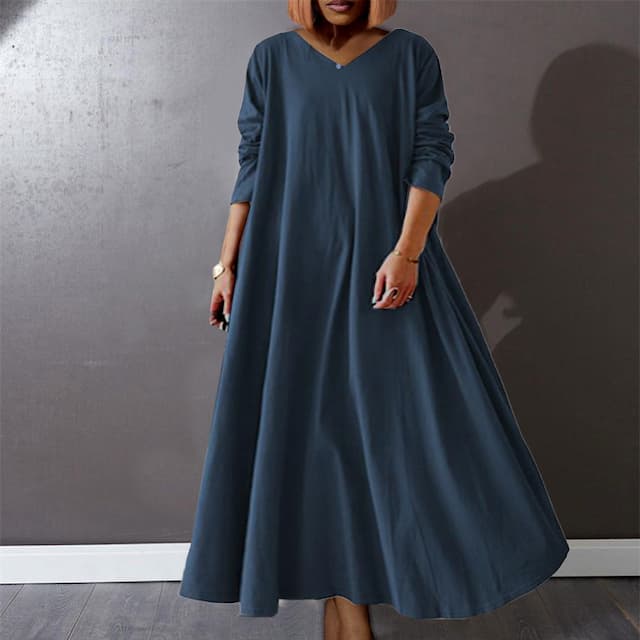 Women‘s Plus Size Curve Casual Dress Pure Color V Neck Long Sleeve Winter Fall Basic Casual Maxi long Dress Daily Vacation Dress