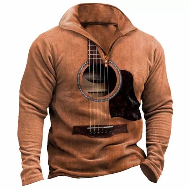 Graphic Prints Guitar Men's Designer 3D Print Zip Up Sweatshirt Daily Sports Brown Long Sleeve Half Zip Zipper Print Spring &  Fall Designer Hoodie Sweatshirt