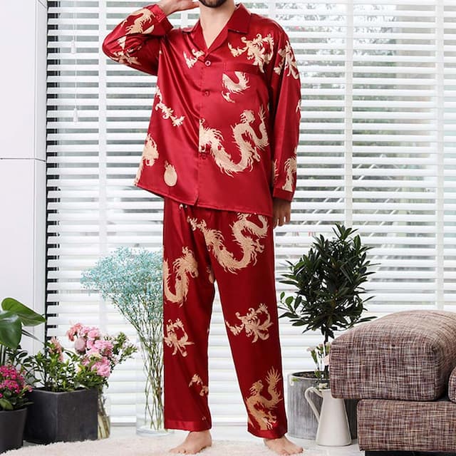 Men's Sleepwear Silk Pajama 2 Pieces Dragon Simple Comfort Home Daily Polyester Breathable Lapel Long Sleeve Pant Pocket Summer Spring Black Red