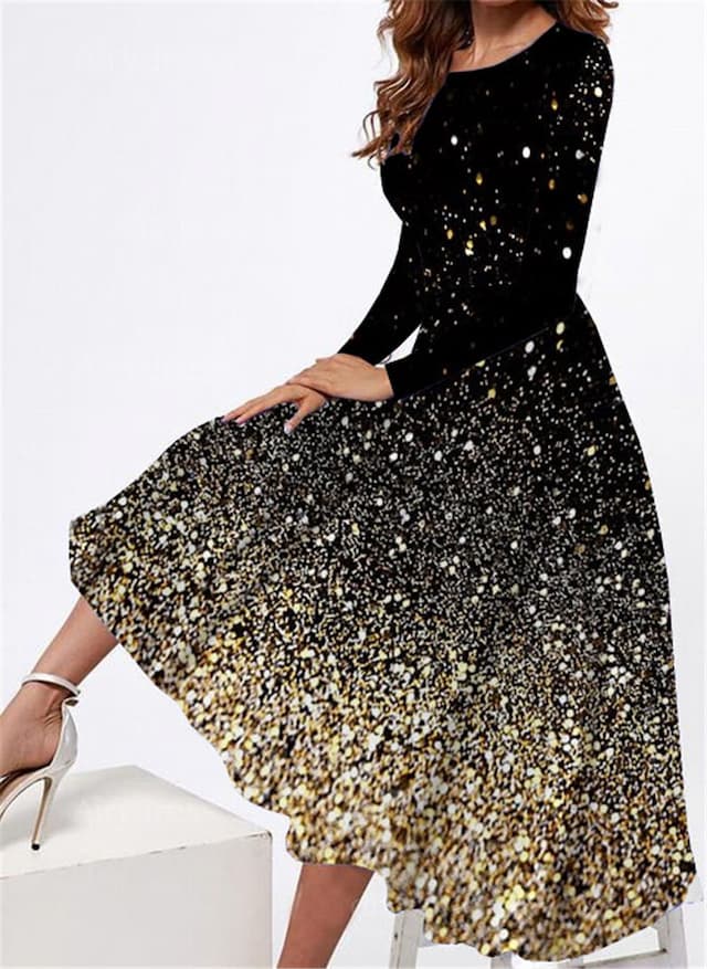 Women's Polka Dot Sequin Crew Neck Maxi Dress Elegant Stylish Party Wedding Guest Long Sleeve Spring Fall