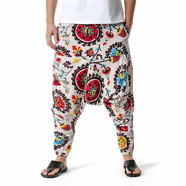 Men's Summer Pants Baggy Pants Beach Pants Harem Pants Boho Pants Drawstring Elastic Waist Drop Crotch Print Comfort Breathable Casual Daily Beach Hippie Yoga Black and Green Black / Red Micro-elastic