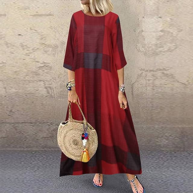 Women's Casual Dress Maxi Dress Print Casual Daily Crew Neck 3/4 Length Sleeve Summer Spring Red Khaki Plaid