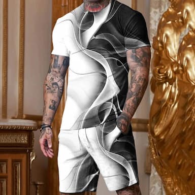 Mens Graphic Shirt Black And White 3D Casual | Summer Cotton Shorts Set Outfits Abstract Crew Neck Clothing Apparel Print Plus Size Outdoor