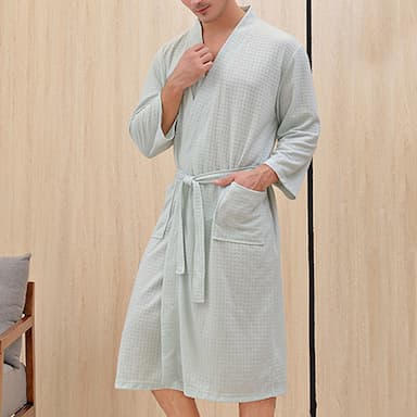 Men's Pajamas Robe Bathrobe Robes Gown Pure Color Stylish Casual Comfort Home Bathing Waffle Fabric Comfort Warm Long Robe Pocket Winter Fall Black White