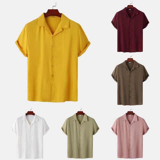 Men's Shirt Summer Shirt Button Up Shirt Casual Shirt Camp Collar Shirt Cuban Collar Shirt White Yellow Pink Wine khaki Short Sleeve Plain Turndown Street Hawaiian Button Clothing Apparel Tropical