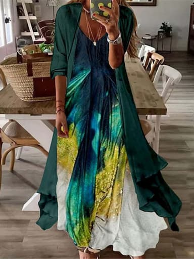 Women's Casual Dress Dress Set Two Piece Dress Maxi long Dress Pink Brown Green Long Sleeve Tribal Print Summer Spring V Neck Fashion Loose Fit 2023 S M L XL XXL 3XL