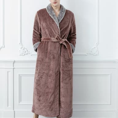 Men's Robe Bathrobe Bath Robe Towel Robe Plain Stylish Classic Casual Home Polyester Flannel Comfort Warm Soft V Neck Long Robe Pocket Winter Dark Blue Coffee