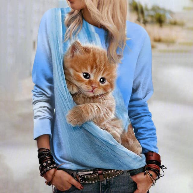 Women's Sweatshirt Pullover Cat Street Casual Blue Streetwear Basic Round Neck Long Sleeve Top Micro-elastic Fall & Winter