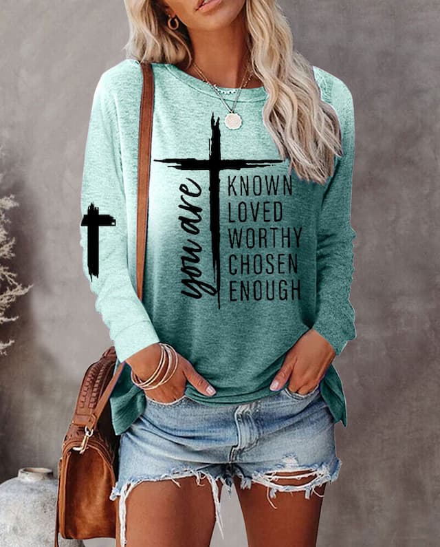 Women's T shirt Tee you are KNOWN LOVED WORTHY CHOSEN ENOUGH Print Daily Weekend Basic Long Sleeve Round Neck Orange Spring &  Fall Fall & Winter