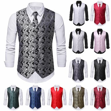 Men's Vest Gilet Wedding Office & Career Daily Wear Party / Cocktail Business Modern Contemporary Spring Fall Embroidered Pocket Button-Down Print 95% Cotton Soft Outdoor Comfortable Flower Single