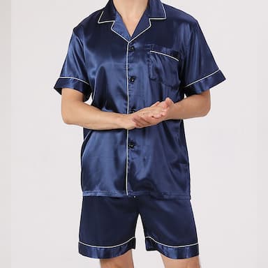 Men's Sleepwear Pajama Set Silk Pajama Pajama Top and Shorts 1 set Plain Fashion Comfort Home Bed Faux Silk Comfort Lapel Short Sleeve Shorts Button Spring Summer Black Blue