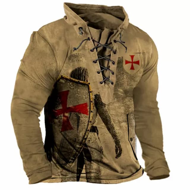 Men's Sweatshirt Pullover Brown Standing Collar Templar Cross Knights Templar Graphic Prints Lace up Sports & Outdoor Casual Daily 3D Print Streetwear Designer Basic Spring &  Fall Clothing Apparel