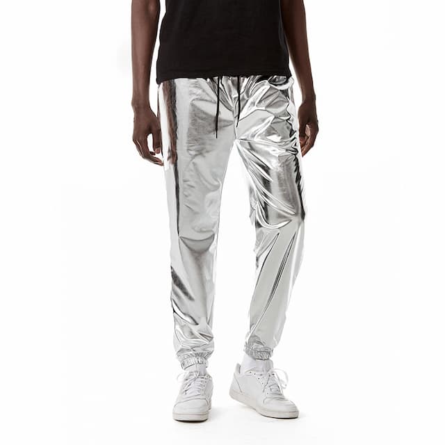 Men's Joggers Trousers Casual Pants Sequin Pants Drawstring Elastic Waist Shiny Metallic Solid Color Full Length Club Nightclub Disco Lights Casual Trousers Loose Fit Silver Black Micro-elastic