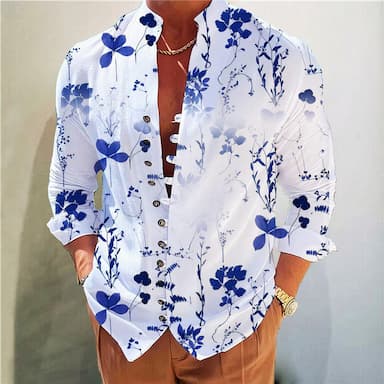 Men's Shirt Floral GraphicStand Collar Yellow Wine Blue Green Gray Outdoor Street Long Sleeve Print Clothing Apparel Fashion Designer Casual Comfortable