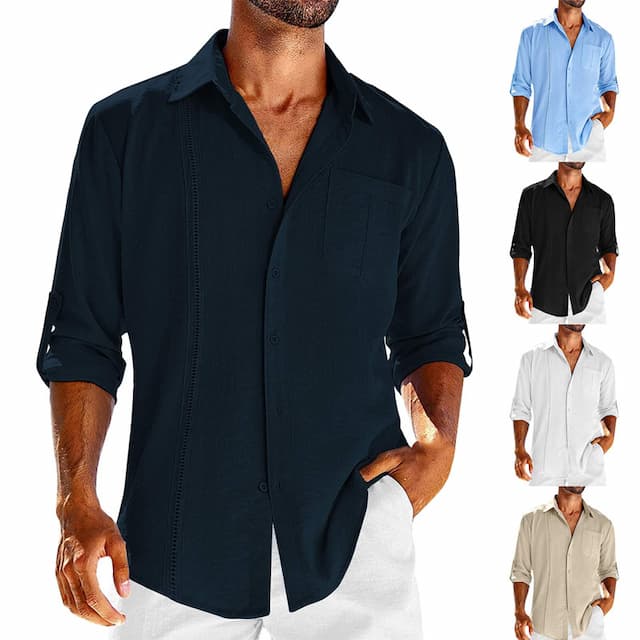 Men's Linen Shirt Cotton Linen Shirt Guayabera Shirt Summer Shirt Button Up Shirt Beach Shirt Black White Navy Blue Apricot Long Sleeve Plain Turndown Spring & Summer Outdoor Holiday Clothing Apparel