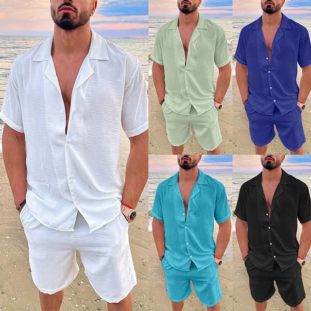 Men's Shirt Cotton Linen Shirt White Cotton Shirt 2 Piece Shirt Set Summer Set Black White Blue Green Short Sleeve Plain Lapel Spring & Summer Hawaiian Holiday Clothing Apparel Pocket