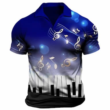 Men's Polo Shirt Golf Shirt Graphic Prints Music Notes V Neck Yellow Blue Outdoor Street Short Sleeves Print Clothing Apparel Sports Fashion Streetwear Designer