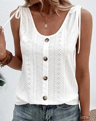 Women's Tank Top Eyelet top Dressy Tops Button Daily Weekend Basic Sleeveless Sleeveless U Neck Light Blue