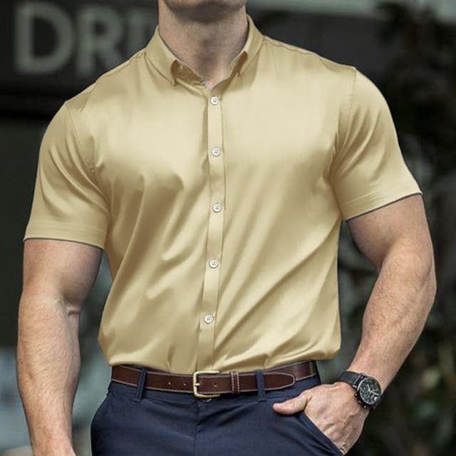 Men's Shirt Summer Shirt Button Up Shirt Casual Shirt Gold Short Sleeve Plain Lapel Daily Vacation Clothing Apparel Fashion Designer Casual