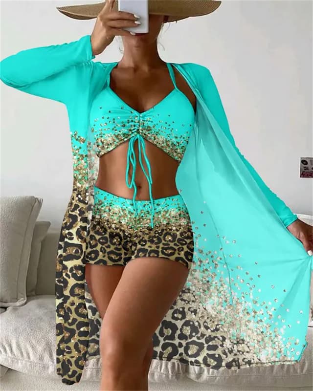 Women's Normal Swimwear Bikini Cover Up Swimsuit 3-Piece Printing Leopard Beach Wear Summer Bathing Suits