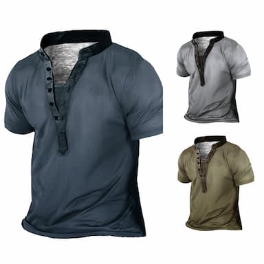 Men's Plus Size Big Tall T shirt Tee Tee Stand Collar Blue Green Gray Short Sleeves Outdoor Going out Button-Down Plain Clothing Apparel Cotton Blend Streetwear Stylish Casual