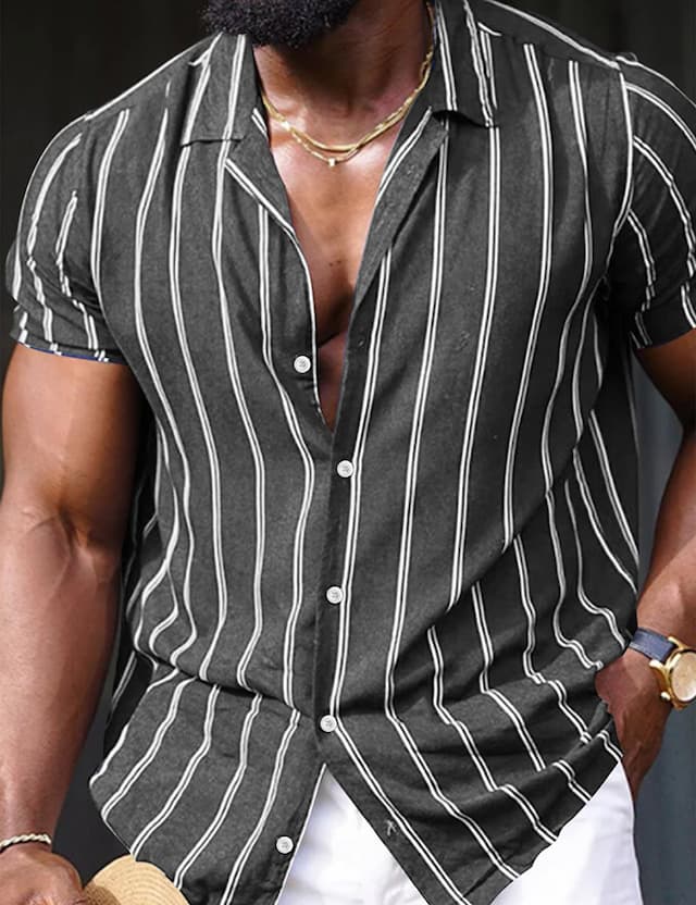 Men's Shirt Summer Shirt Button Up Shirt Casual Shirt Black Red Blue Green Short Sleeves Striped Lapel Street Vacation Print Clothing Apparel Fashion Leisure