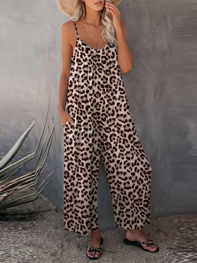 Women's Jumpsuit Maillard Backless Pocket Leopard U Neck Ordinary Street Daily Regular Fit Sleeveless Pink Light Brown Blue S M L Summer Fall Back to school