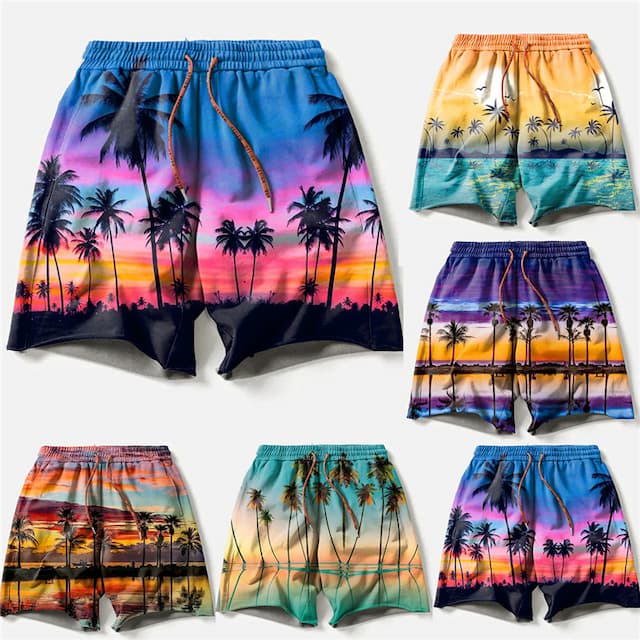 Men's Board Shorts Swim Shorts Swim Trunks Drawstring with Mesh lining Elastic Waist Coconut Tree Graphic Prints Quick Dry Short Casual Daily Holiday Hawaiian Boho Yellow Blue Micro-elastic