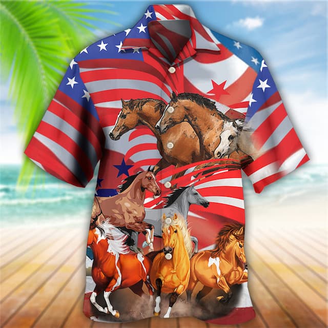 Men's Shirt Summer Hawaiian Shirt Horse Graphic Prints American Flag Horse Racing Cuban Collar Yellow Red Outdoor Casual Short Sleeve Print Clothing Apparel Sports Fashion Streetwear Designer