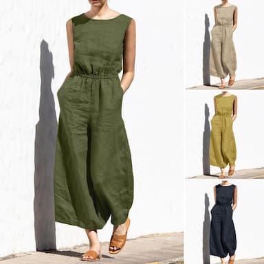 Women's Jumpsuit Solid Color Crew Neck Holiday Work Daily Regular Fit Sleeveless Sleeveless Orange red Amy Green Black S M L Fall Summer