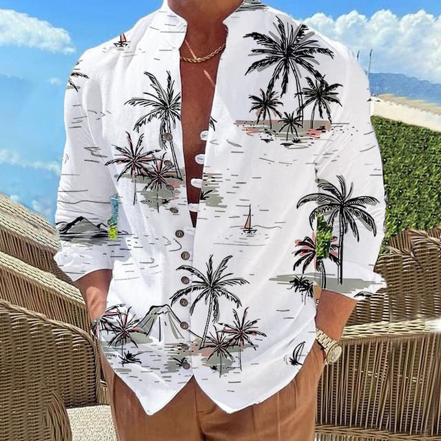 Men's Shirt Summer Hawaiian Shirt Coconut Tree Graphic Prints Stand Collar White Pink Blue Green Outdoor Street Long Sleeve Print Clothing Apparel Fashion Designer Casual Comfortable