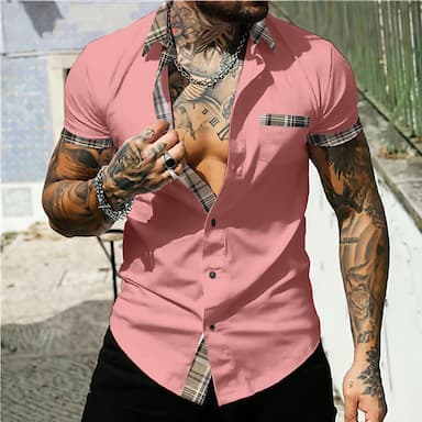 Men's Shirt Summer Shirt Button Up Shirt Casual Shirt White Pink Army Green Gray Short Sleeve Color Block Lapel Daily Vacation Front Pocket Clothing Apparel Fashion Casual Comfortable