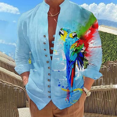 Men's Shirt Graphic Prints Parrot Stand Collar Yellow Blue Purple Green Outdoor Street Long Sleeve Print Clothing Apparel Fashion Designer Casual Comfortable