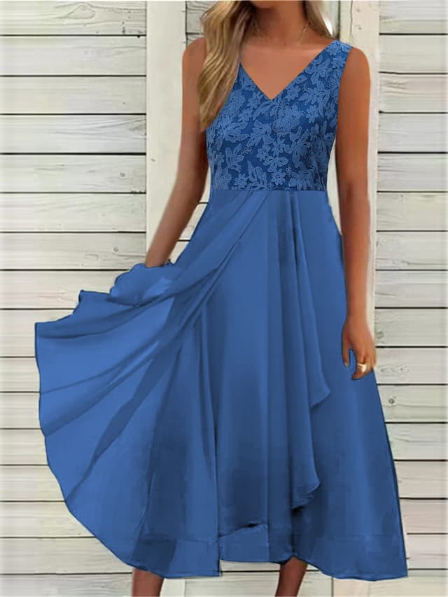 Women's Wedding Guest Cocktail Dress Elegant Lace Dress Midi Dress Blue Green Sleeveless Pure Color Summer Spring Fall Spaghetti Strap Fashion Summer Dress