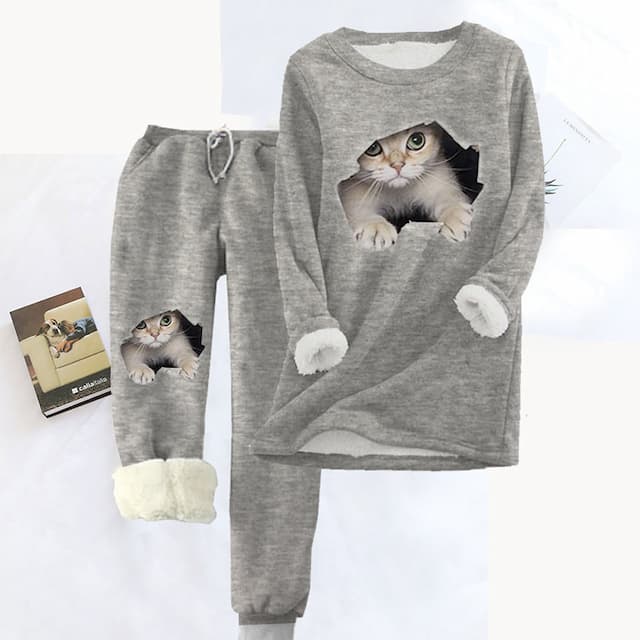 Women's Pajamas Sets Animal Cat Fashion Comfort Soft Carnival Home Christmas Polyester Warm Gift Crew Neck Long Sleeve Hoodie Pant Fall Winter Red Gray