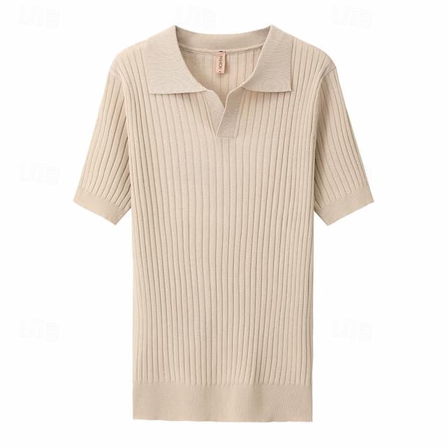 Men's Knit Polo Casual Holiday Lapel V Neck Short Sleeve Fashion Modern Plain Summer Black Brown Beige Knit Polo