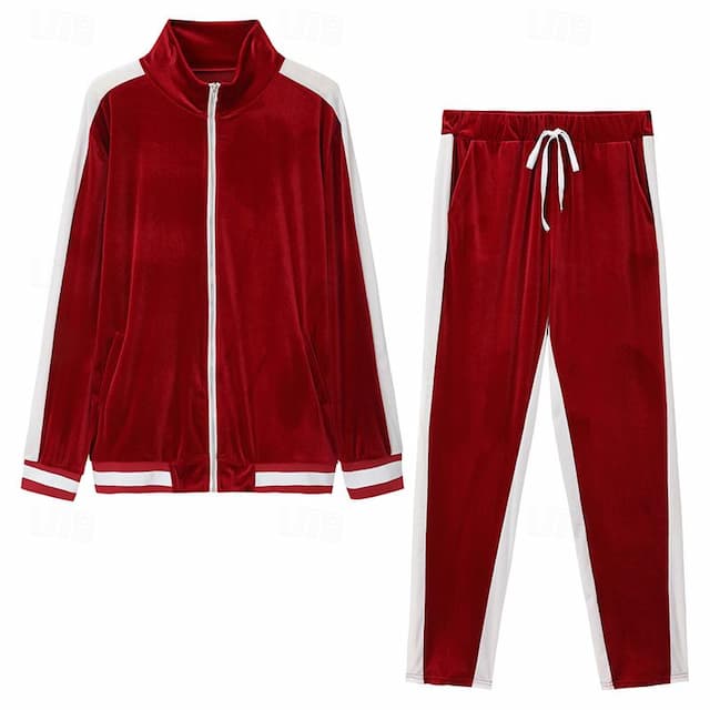 Men's Tracksuit Sweatsuit Jogging Suits Velour Tracksuit Wine Red Black Blue Green Dark Gray Standing Collar Color Block 2 Piece Sports & Outdoor Sports Streetwear Streetwear Casual Big and Tall Fall