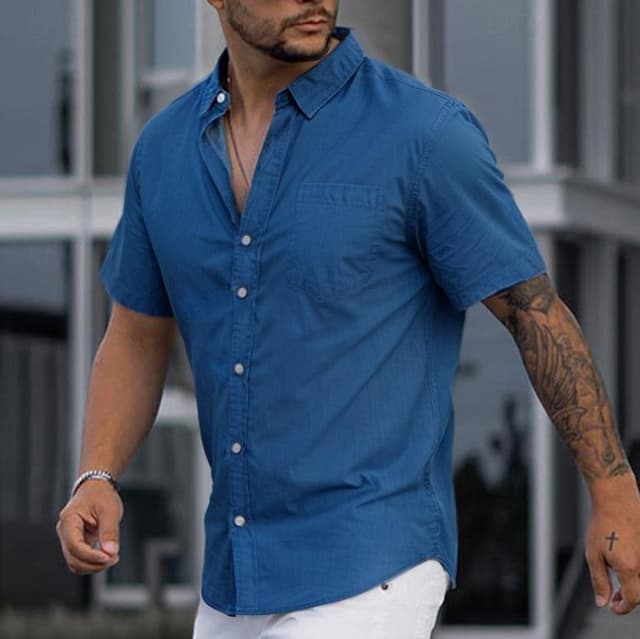 Men's Shirt Button Up Shirt Casual Shirt Denim Blue Short Sleeve Plain Turndown Daily Vacation Front Pocket Clothing Apparel Fashion Casual Comfortable