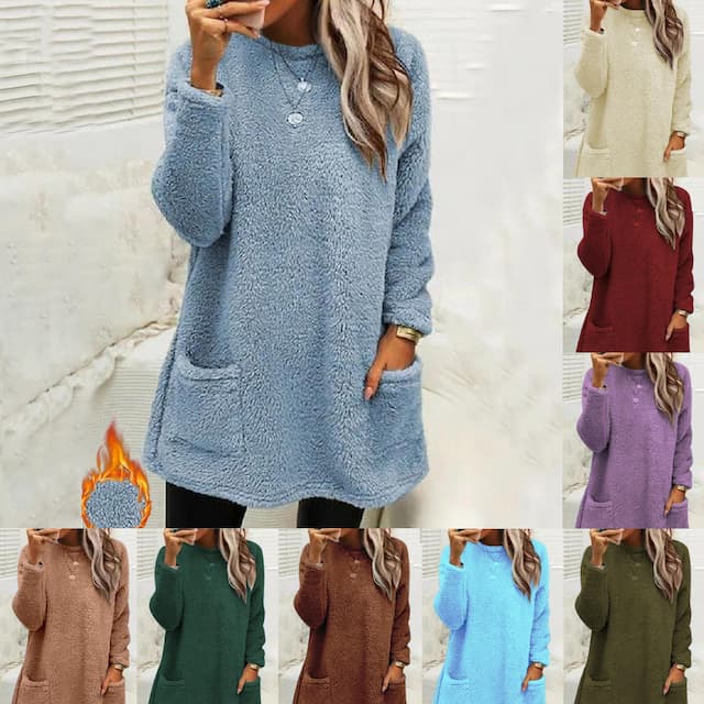 Women's Sweatshirt Pullover Sherpa Fleece Teddy Pocket Marron Black Blue Solid Color Street Casual Round Neck Long Sleeve Fleece S M L XL 2XL 3XL